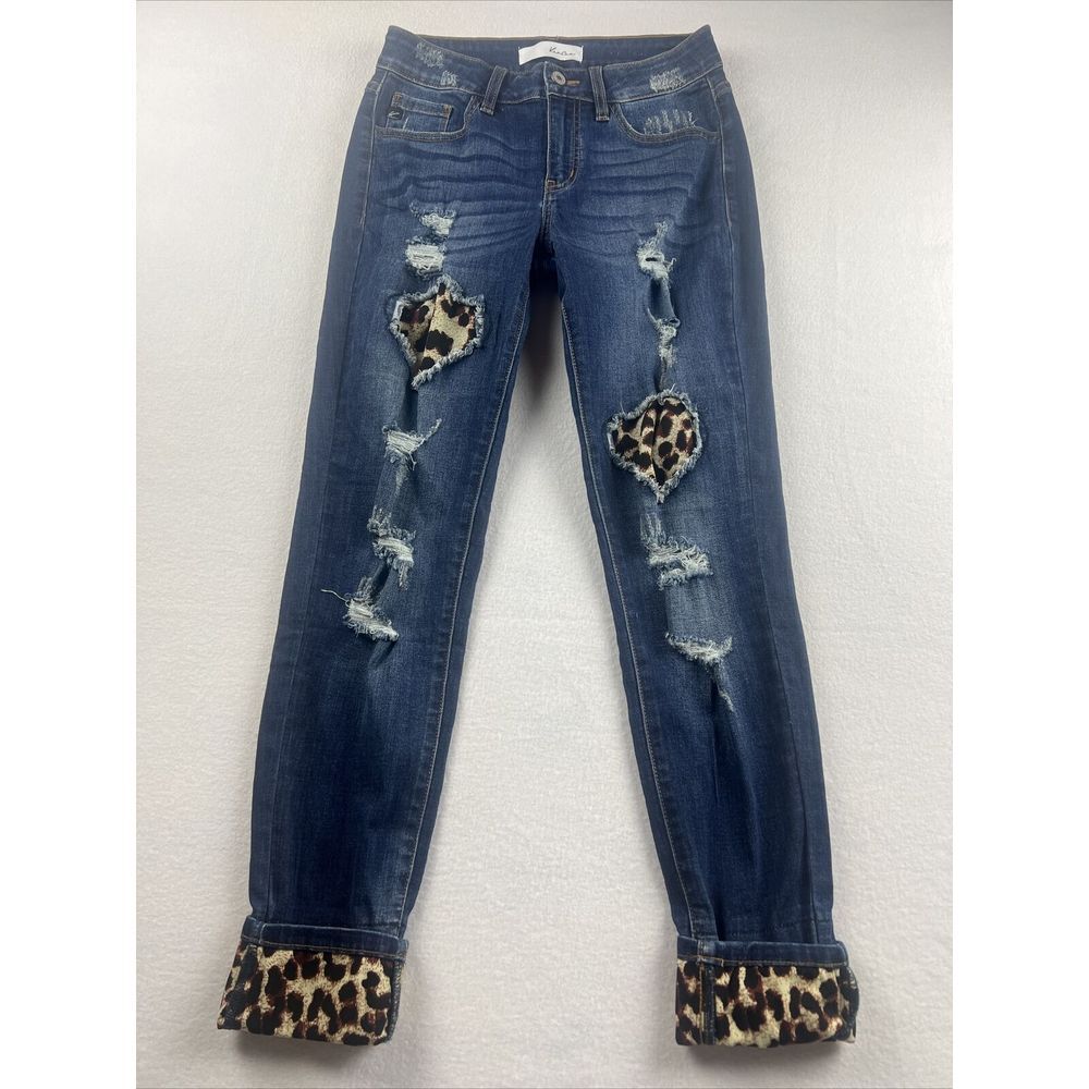 KanCan: Leopard Patch Cuffed Distressed‎ Skinny Jeans JR Size 7